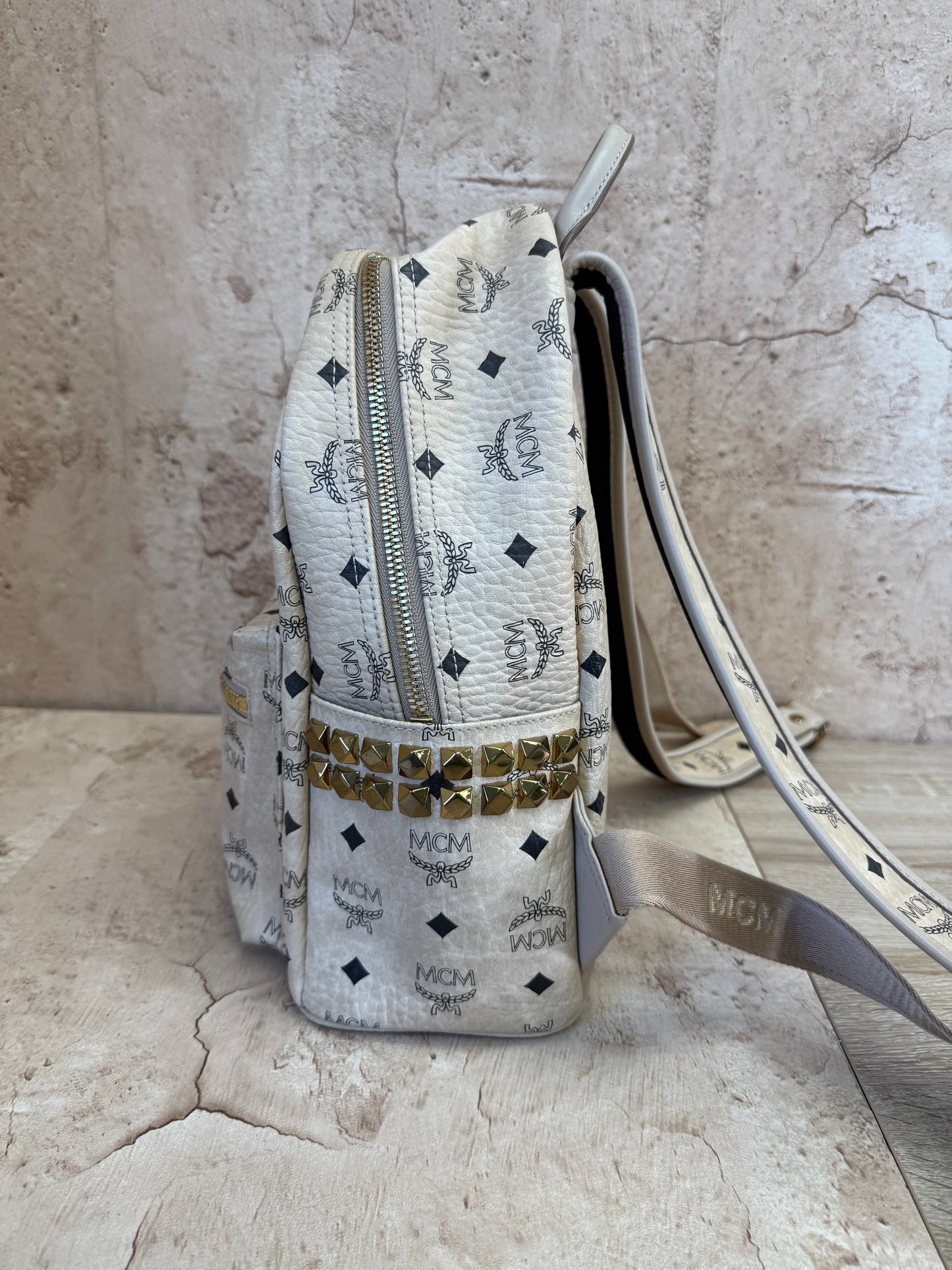 MCM Cream Visetos Stark Side Studs Backpack
