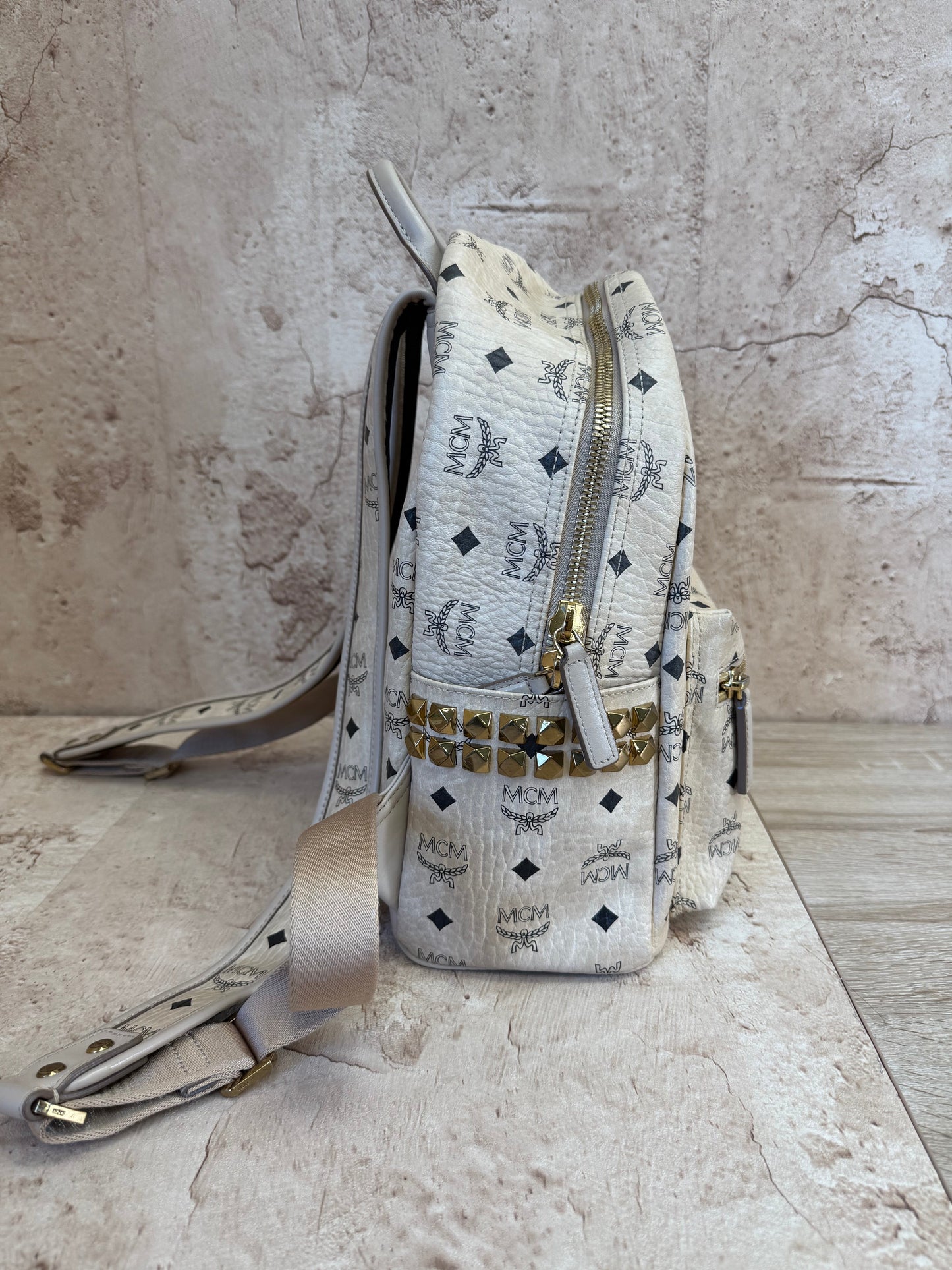 MCM Cream Visetos Stark Side Studs Backpack